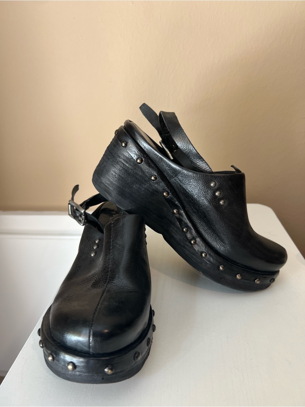 A.S.98 Black Studded Leather Platform Slingback Clogs size 6